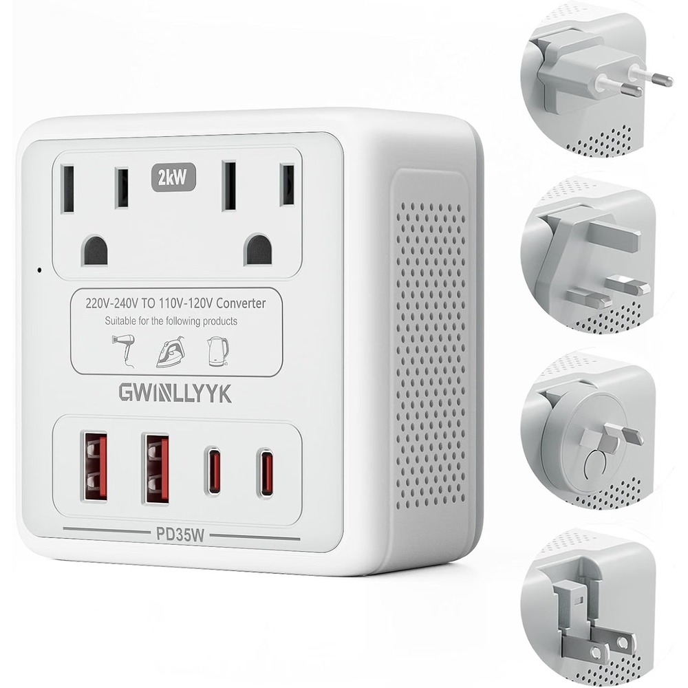 Gwinllyyk 2000W 220V to 110V Travel Voltage Converter Adapter PD 35W USB Gray